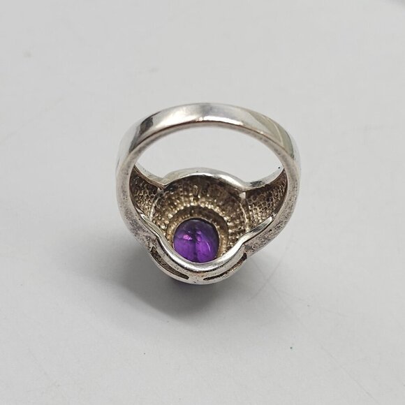 Sterling Silver Ring With Round Amethyst Gemstone Textured Size 9 Vintage - Picture 4 of 8